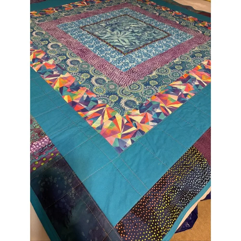 New Batik Lap Quilt Throw Blanket Handmade Machine Stitched Blue Green 58x58”